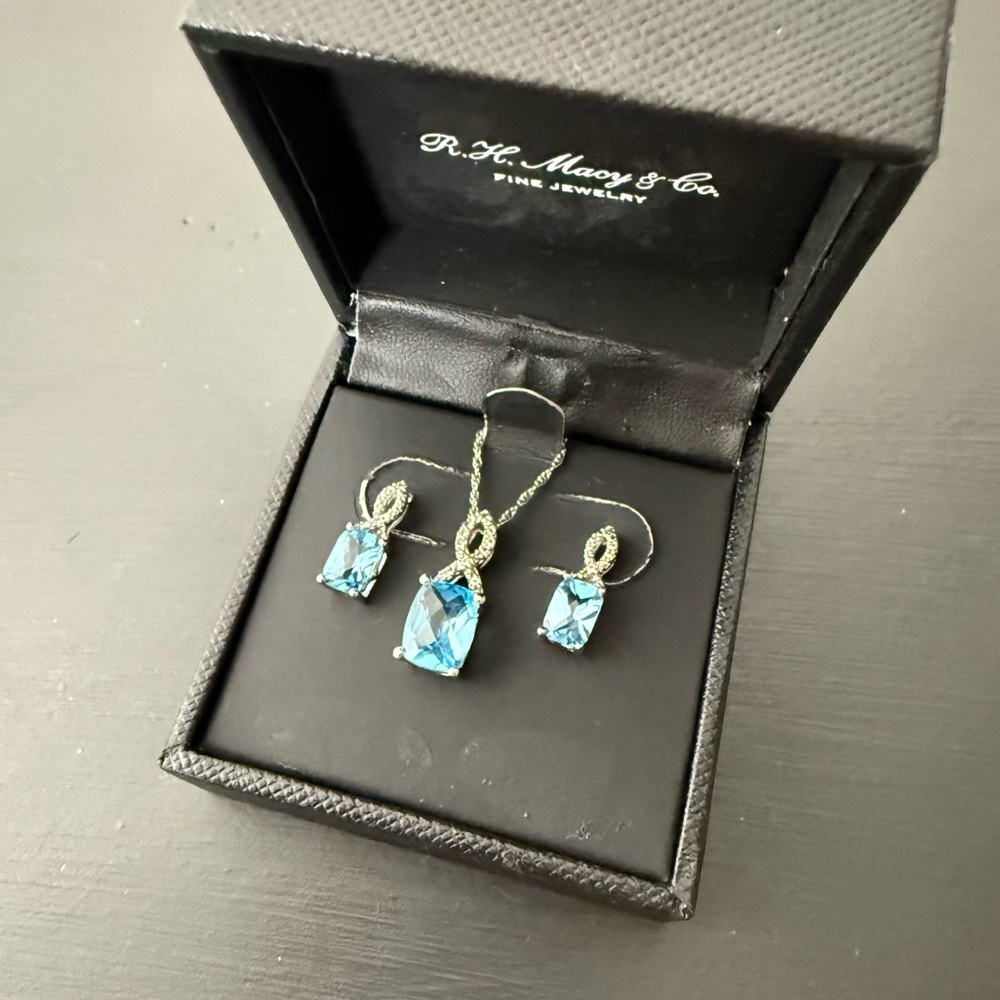 NWT Macy’s Sterling Silver Blue Topaz Pendant Necklace and Earring Set - Picture 4 of 4